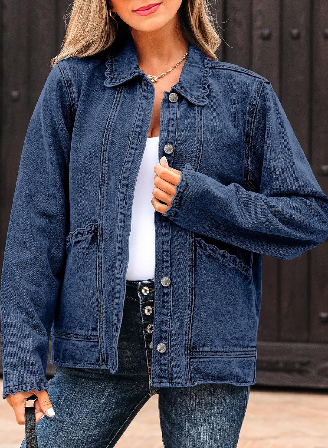 Sidefeel Women's Jean Jacket Long Sleeve Button Down Ruffled Denim Jacket Shacket - Image 4