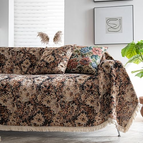 Miniatura 28 de vctops Fundas de sofá jacquard vintage para sofá seccional, patrón geométrico con flecos, protector de sofá para perros, loveseat futón funda en
