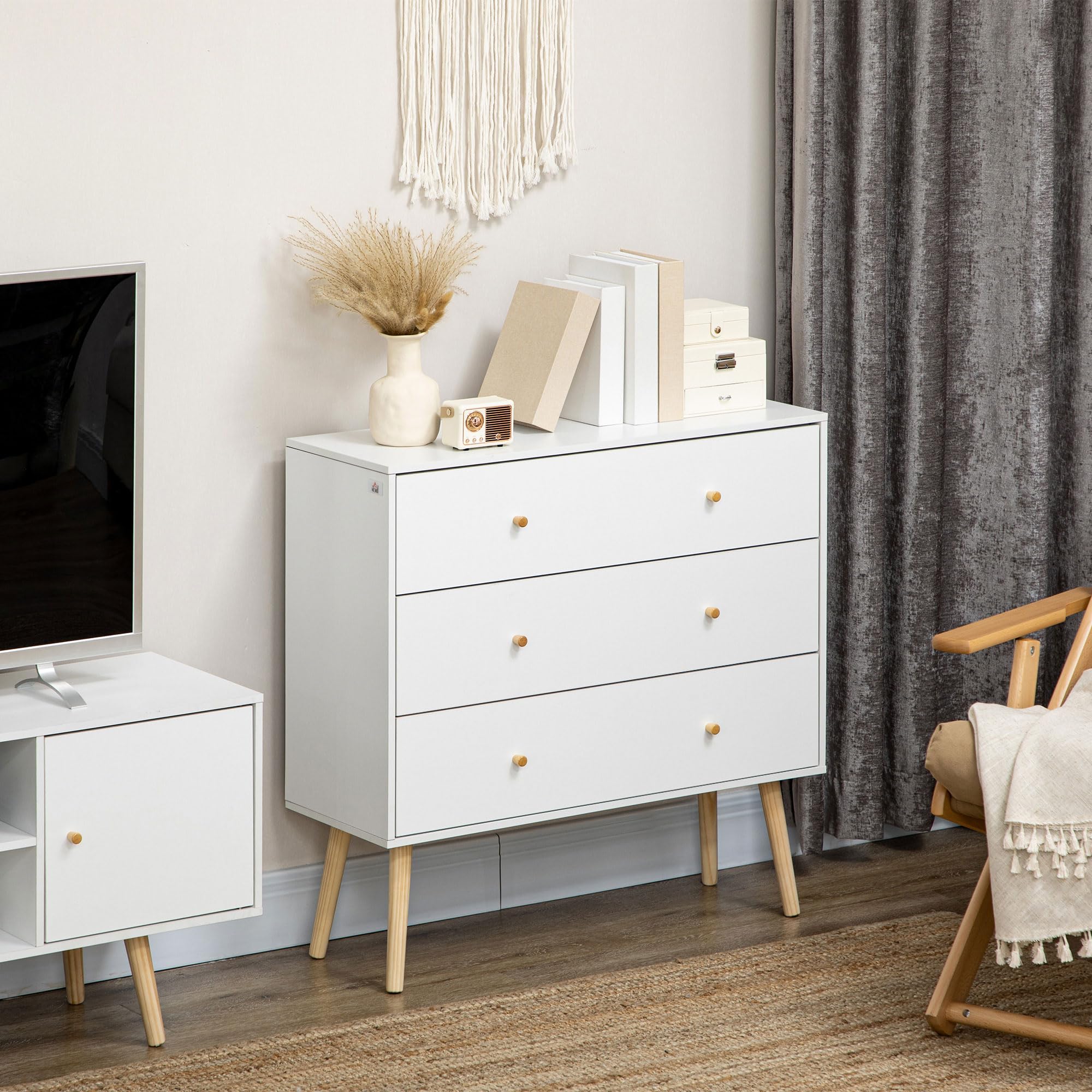 HOMCOM Cómoda con 3 Cajones Sinfonier para Dormitorio 80x30x80 cm Blanco | Patas de Madera, Diseño Antivuelco, Carga 70 kg, Cajonera para Salón Oficina