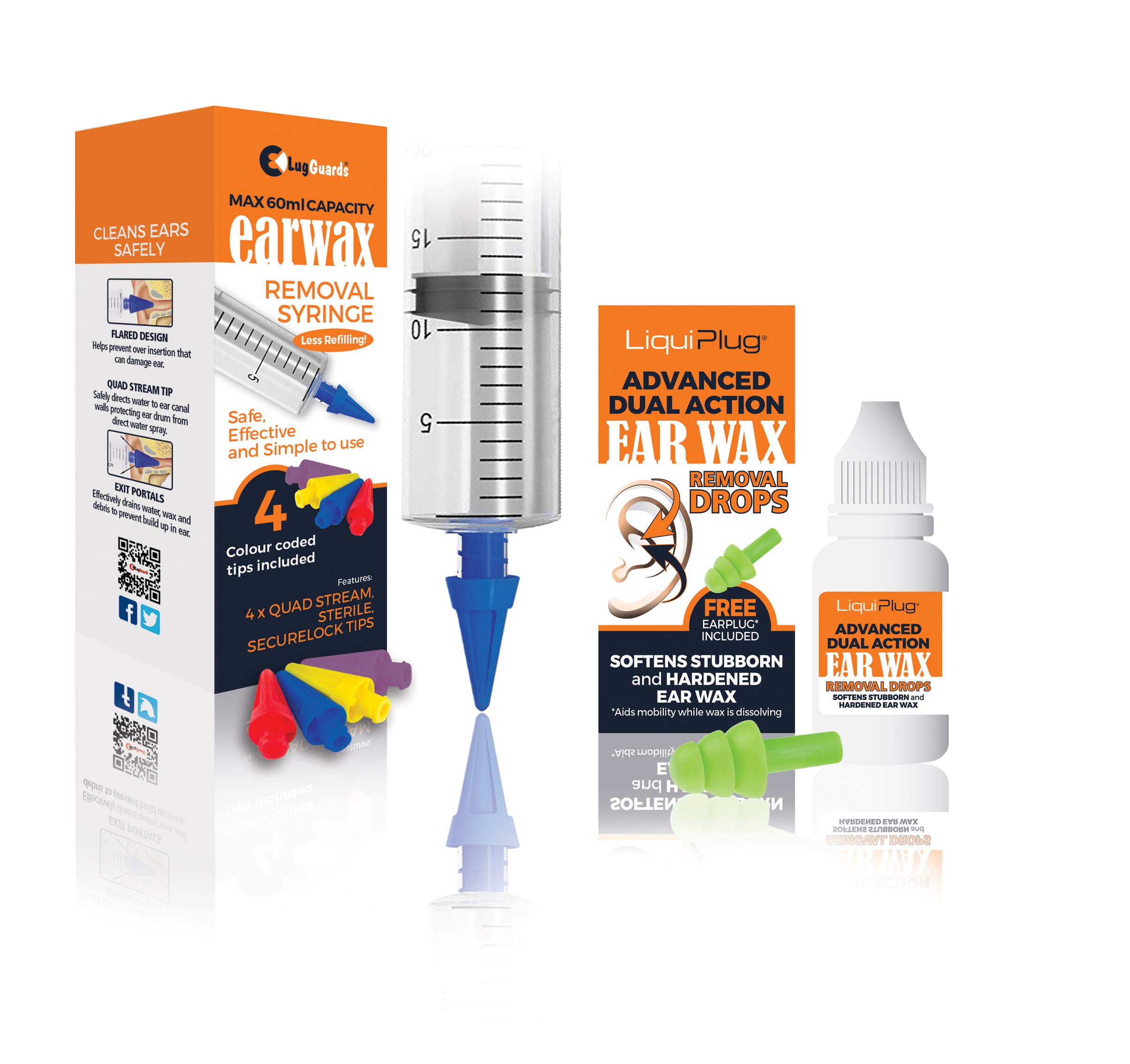 LugGuards60ml Quad Stream Ear Wax Removal Syringe with 4 STERILE Colour Coded Tips & Liquiplug Advanced Dual Action Ear Drops