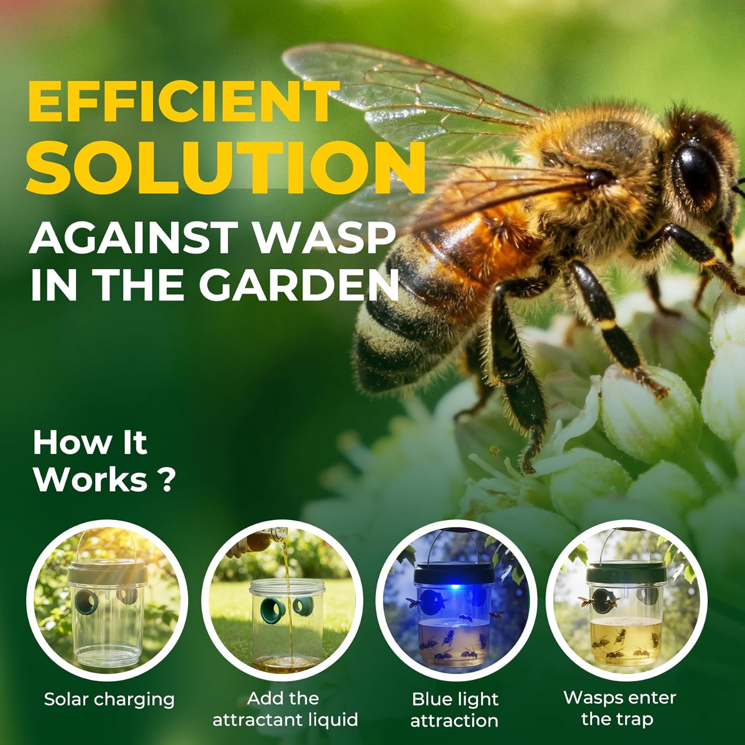 4 Packs Wasp Traps Outdoor Hanging, 2026 New Upgrade Wasp & Hornet Trap Yellow Jacket Catcher with LED Light, Solar Powered Carpenter Bee Traps for Outside Garden, Patio, Backyard, Camping