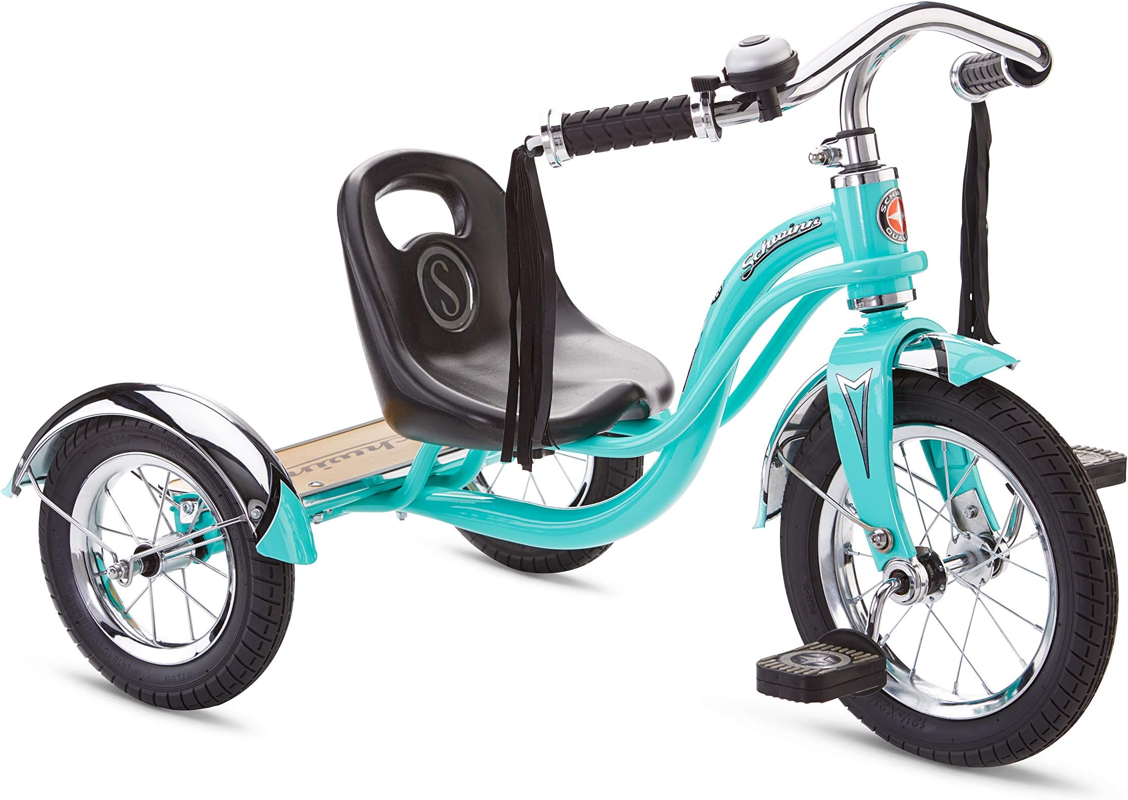 Roadster Bike for Toddler, Kids Classic Tricycle, Low Positioned Steel Trike Frame with Bell and Handlebar Tassels, Rear Deck Made of Genuine Wood, for Boys and Girls Ages 2-4 Year Old, Teal
