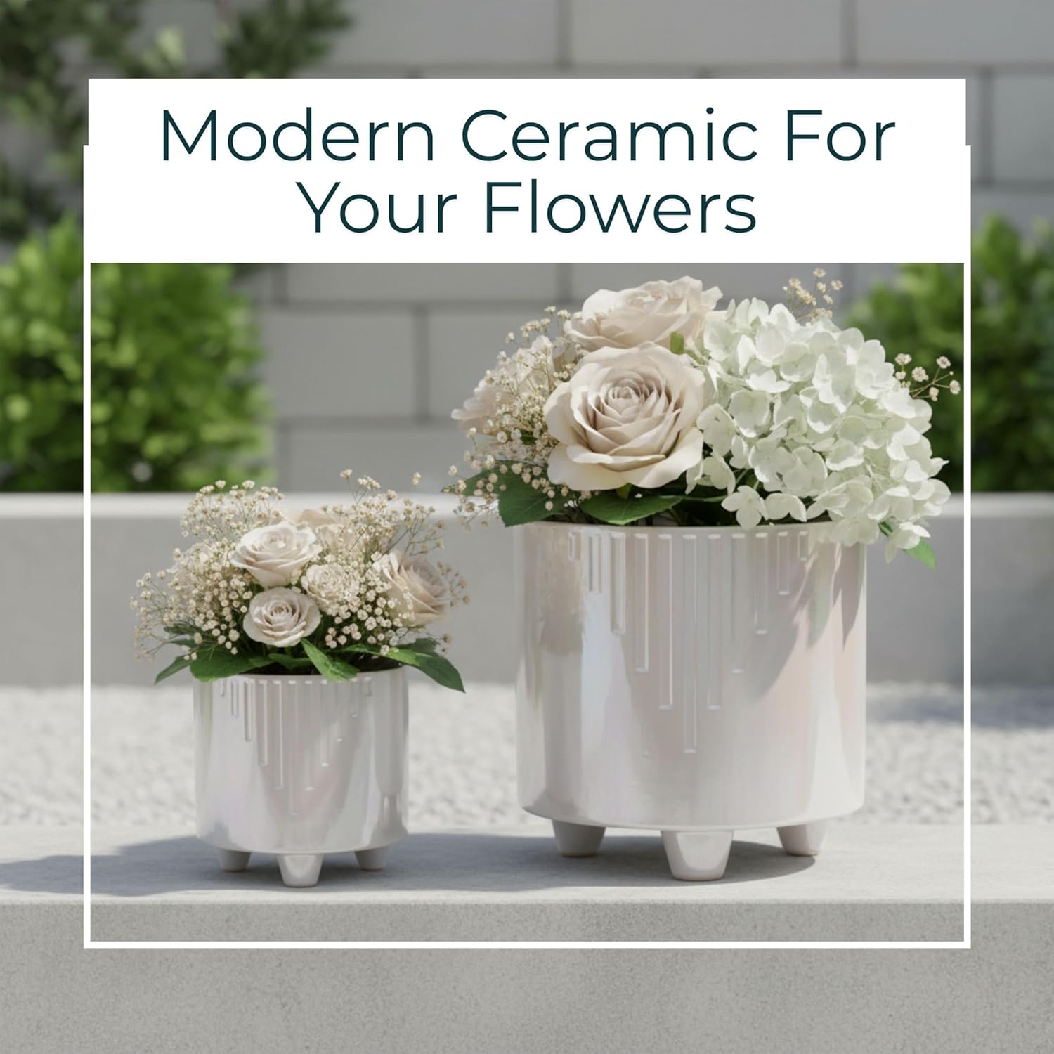 Set of 2 Iridescent Line Footed Planters with Ivory Accents – Ceramic Stoneware Outdoor & Indoor Plant Pot – Modern Garden & Home Decor Ceramic Planters – 6" & 8", Ivory