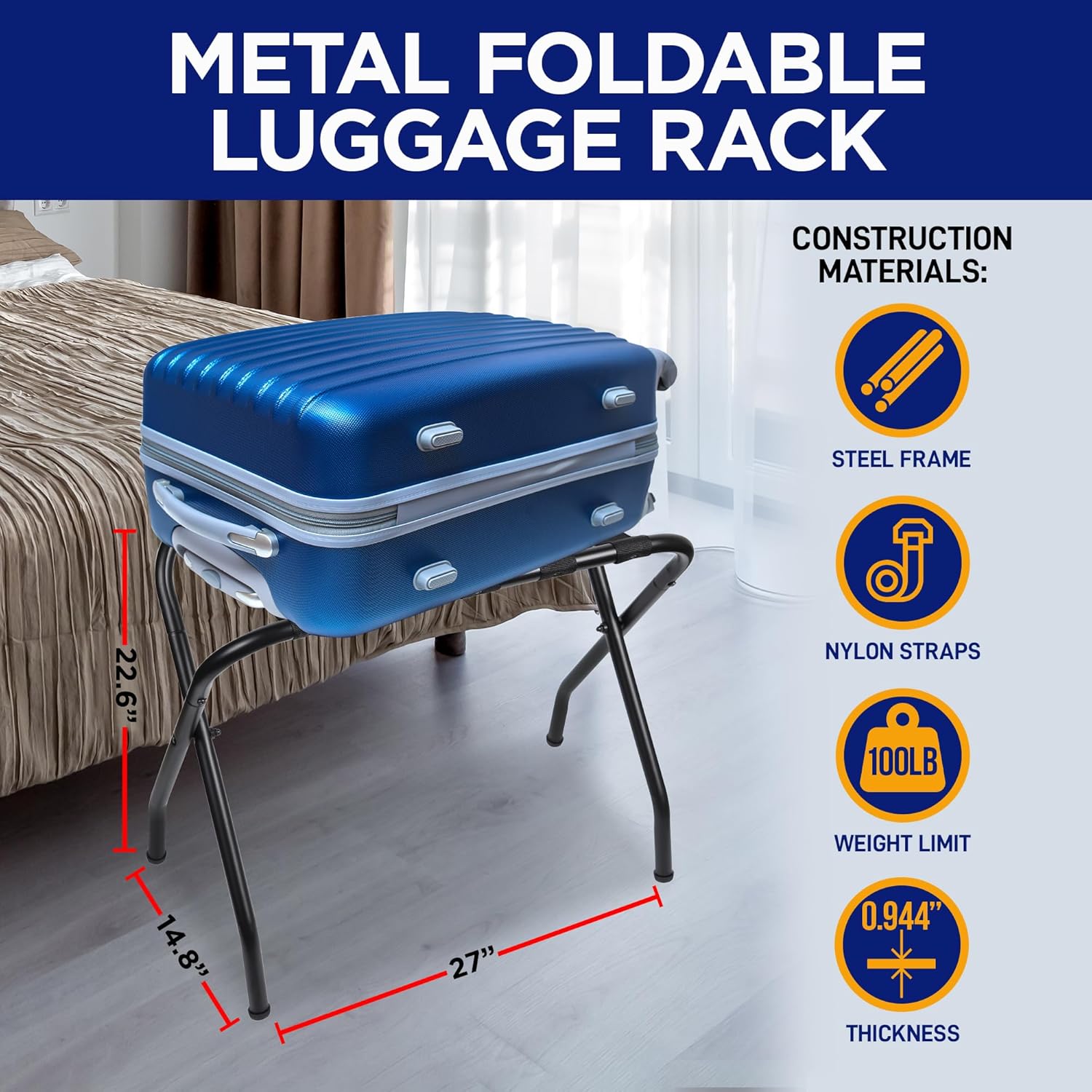 Metal Luggage Rack - Pack of 4 Foldable, Easy Assembly, Space Saving, and Stylish Steel Frame Guest Suitcase Stands with Nylon Straps - Black