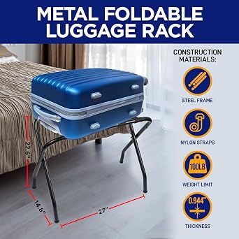 Lifemaster Metal Luggage Rack - Pack of 2 Foldable, Easy Assembly, Space Saving, and Stylish Steel Frame Guest Suitcase Stands with Nylon Straps - Black