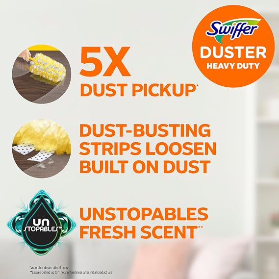 Swiffer Dusters Heavy Duty, Feather Head Multi-Surface Duster Refills for Cleaning, Unstopables, Yellow, 24 Count (4 Packs of 6)