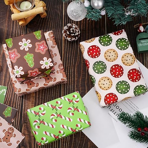 Miniatura 4 de AnyDesign - 12 hojas de papel de regalo de Navidad, hombre de jengibre, bastones de caramelo, copos de nieve, papel de regalo de Navidad plegado