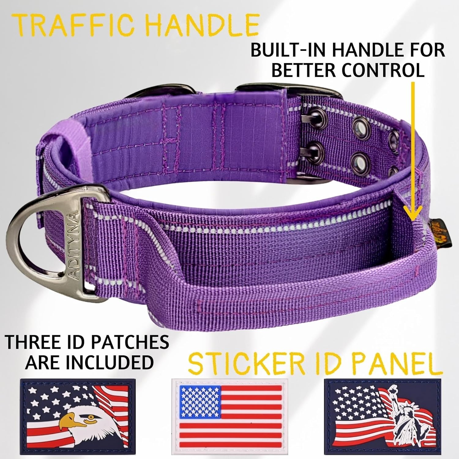 Heavy Duty Purple Dog Collar with Handle and Tactical Dog Leash - Bungee Leash and Padded Dog Collar for Large Dogs - Set