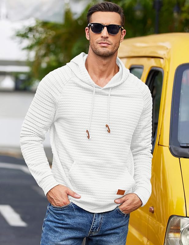 COOFANDY Men's Sweatshirt Pullover Long Sleeve Hipster Textured Drawstring Pleated Hoodies with Kanga Pocket, White, Medium image 2
