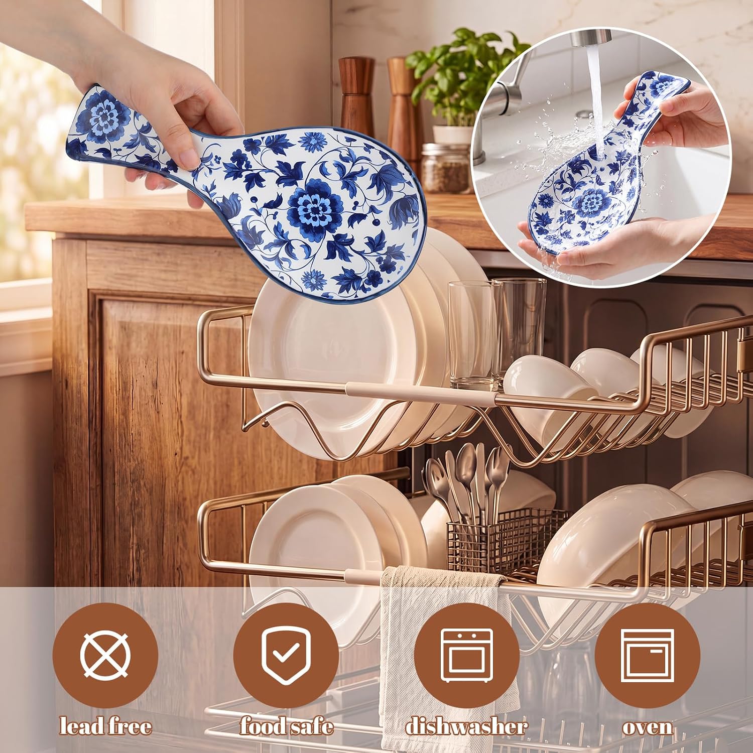 Ceramic Blue and White Talavera Spoon Rest Soup Spoons Rest Kit Includes Bamboo Spoon Tea Towel Gift Card and Blue Ribbon Ceramic Holders for Kitchen Counter Home Decoration Gifts
