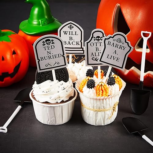 Miniatura 3 de 48 piezas de lápida de Halloween para pasteles, decoración de cupcakes y mini cucharas con forma de pala para suministros de fiesta de Halloween