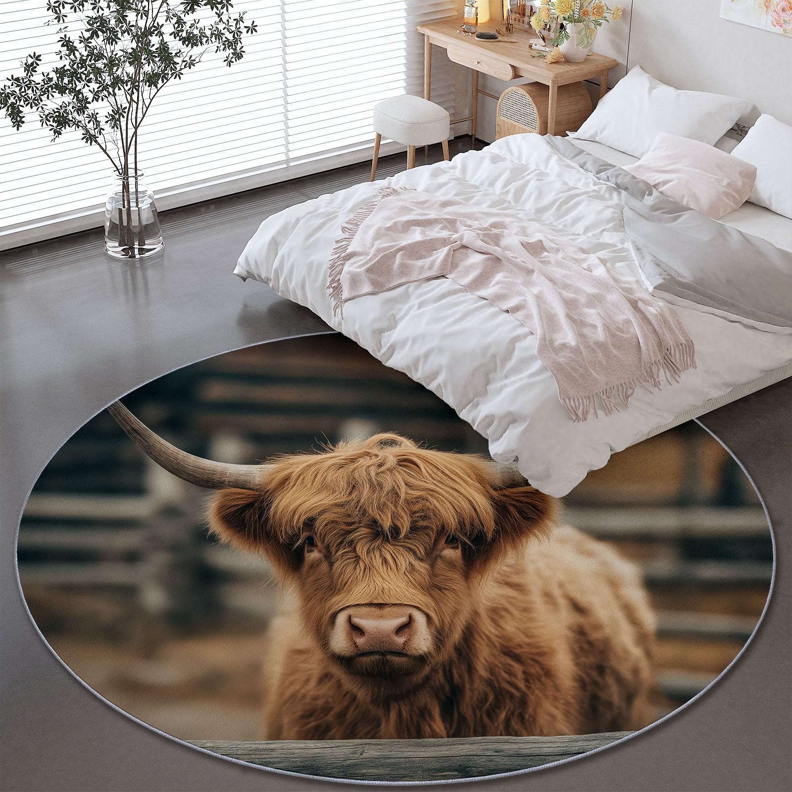 Genérico Alfombra Redonda para Comedor Toro De Las Tierras Altas Natural Motivo Alfombra Antideslizante Suave y esponjosa para Sala de Estar, Dormitorio, habitación Infantil, 180 cm, Marrón Claro