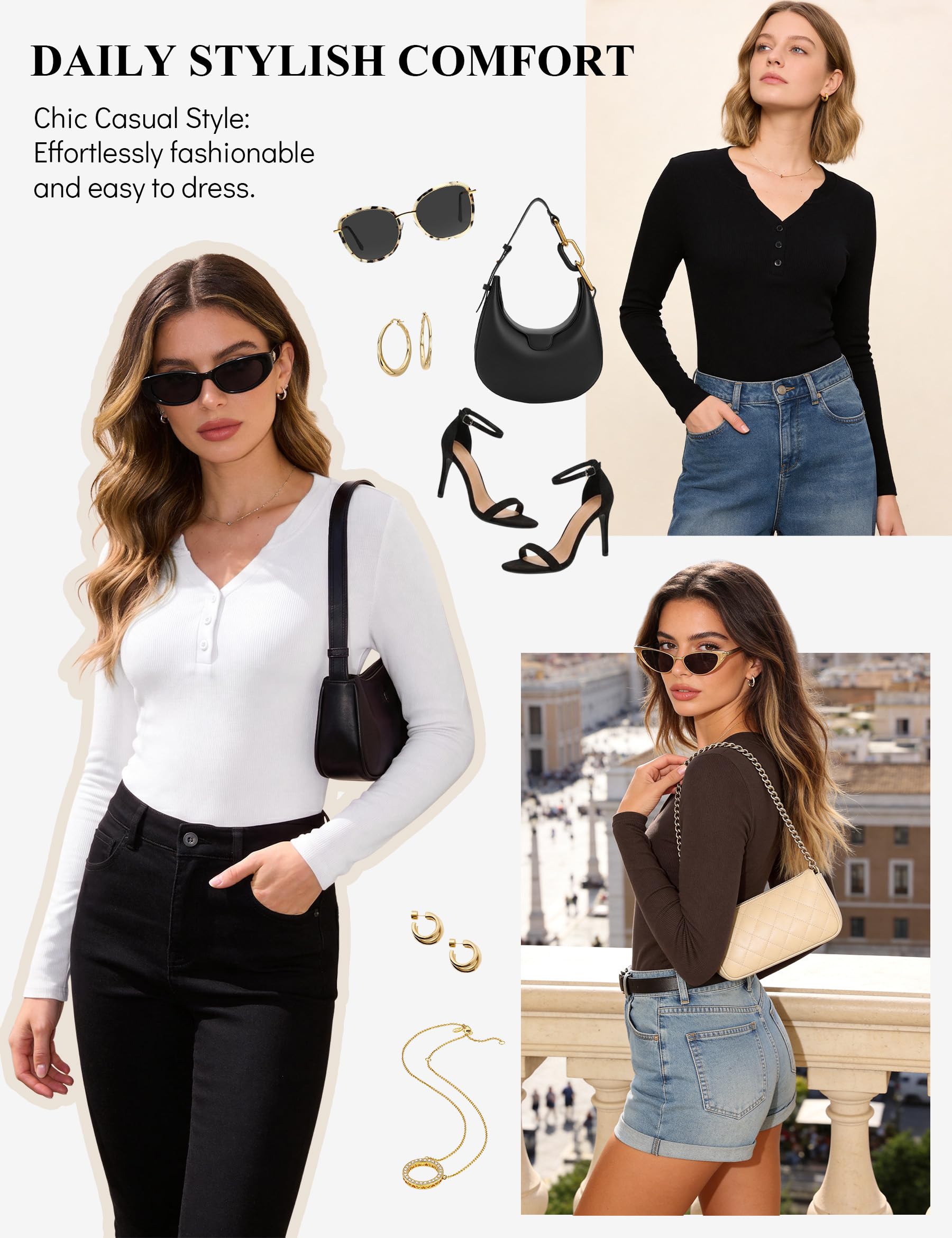Demegimi T Shirt Femme Manche Longue Col V Bouton Côtelé Slim Pack de 2-3 | Pack de 2 Tee Shirt Femme Manche Longue Col V Côtelé Slim Basique Casual Printemps Automne Taille S a XXL