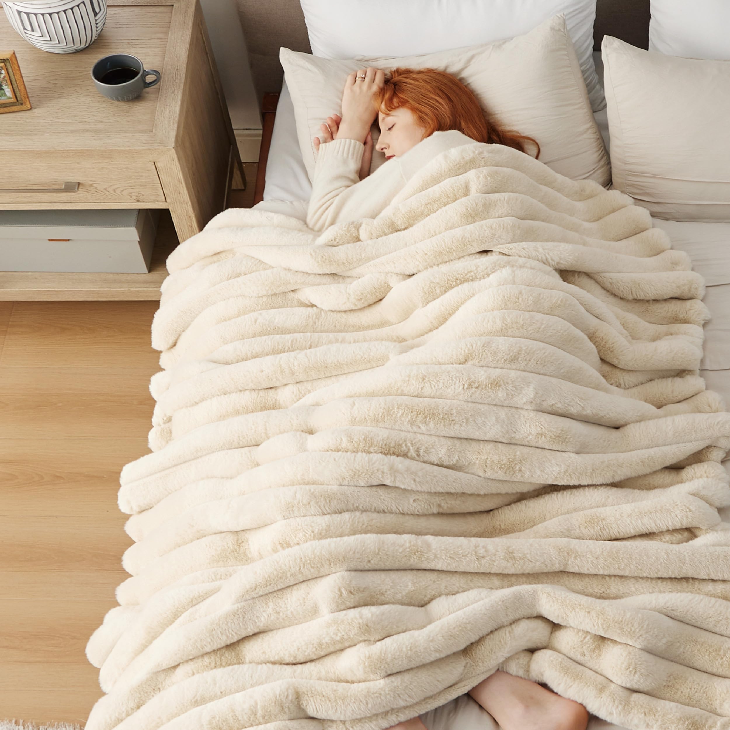 Bedsure GentleSoft Faux Fur Throw Blanket - Fluffy & Fuzzy Luxury Christmas Blanket for Couch Living Room, 750GSM Thick and Warm for Winter, Striped Decorative Gift for Women, Beige, 50x70 Inches