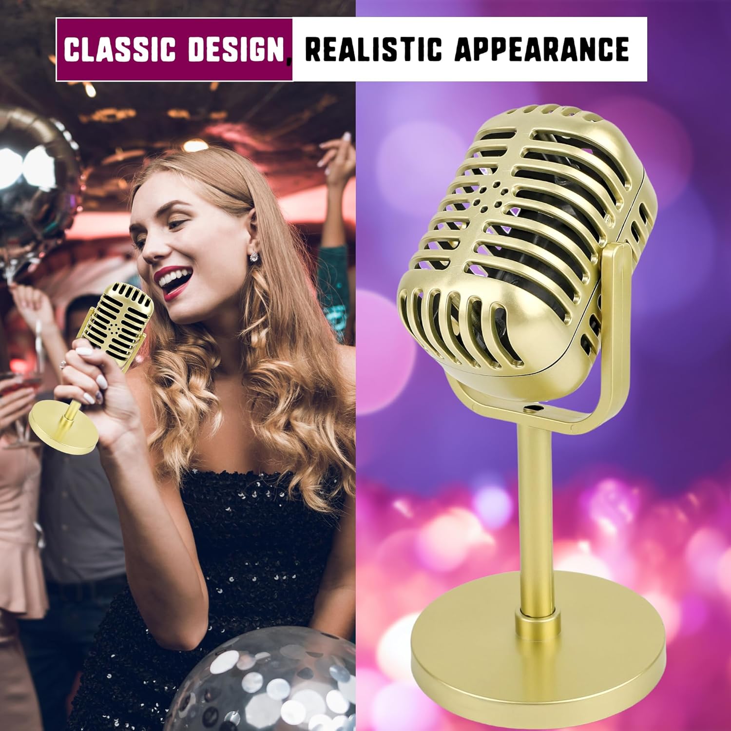 10 Pack Retro Microphone Props Fake Microphone Model with Stand Classic Vintage Plastic Antique Mic Table Decor for Halloween Party Decoration Rock Hip Hop Music Prop Pretend Play (Golden)