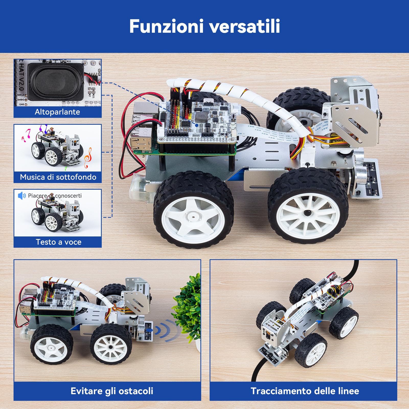 SunFounder PiCar-X Kit auto robot IA per Raspberry Pi 5/4/3B+/Zero 2W, Openclaw LLM ChatGPT/Gemini/Grok, riconoscimento vocale e video, Python, Scratch, fotocamera (Raspberry Pi non incluso)