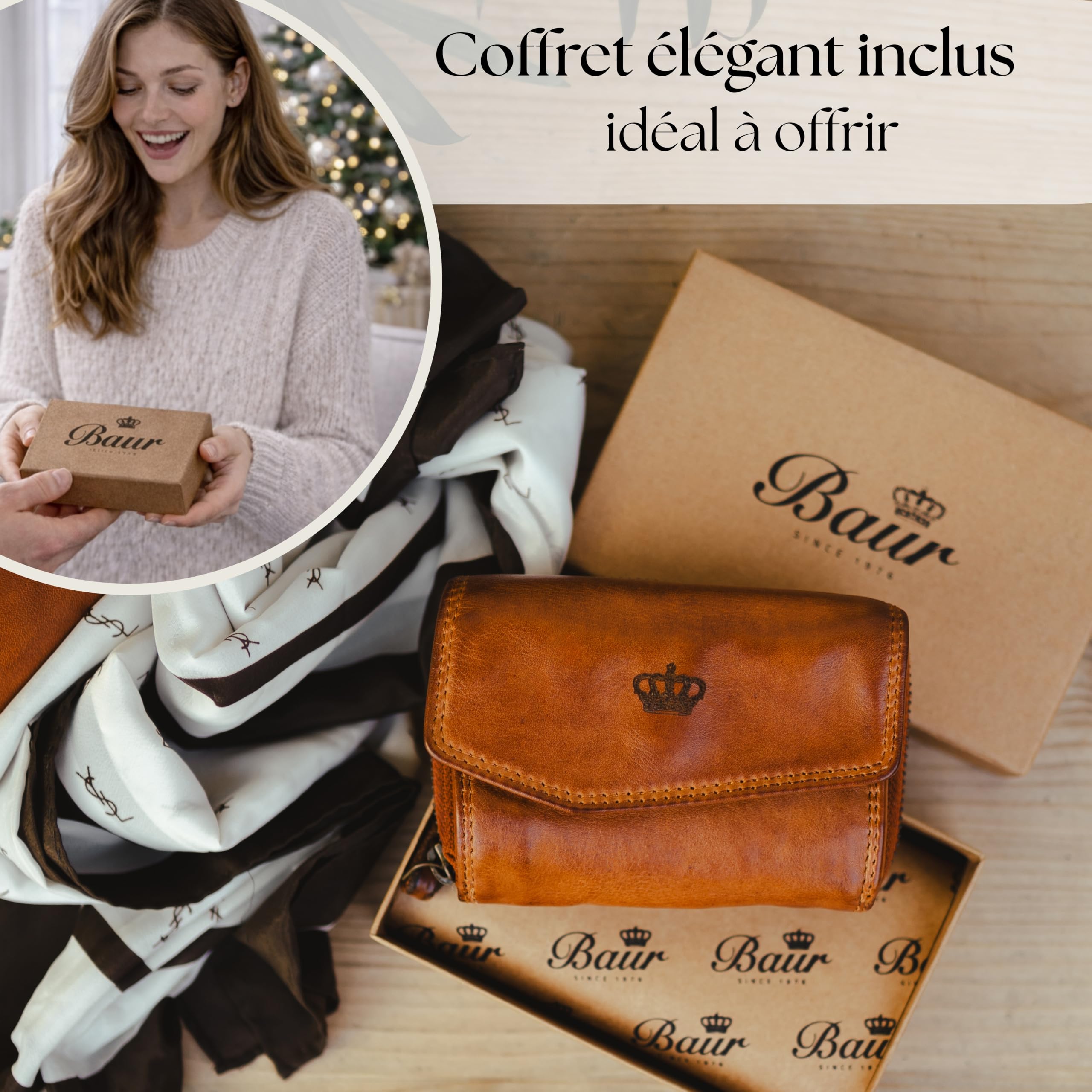 Baur Portefeuille Femme Cuir lavé Extra Doux – Porte-Monnaie Style Used avec RFID – Petit Portefeuille avec Nombreux Compartiments Cartes et Poche à pièces zippée métal (Cognac)