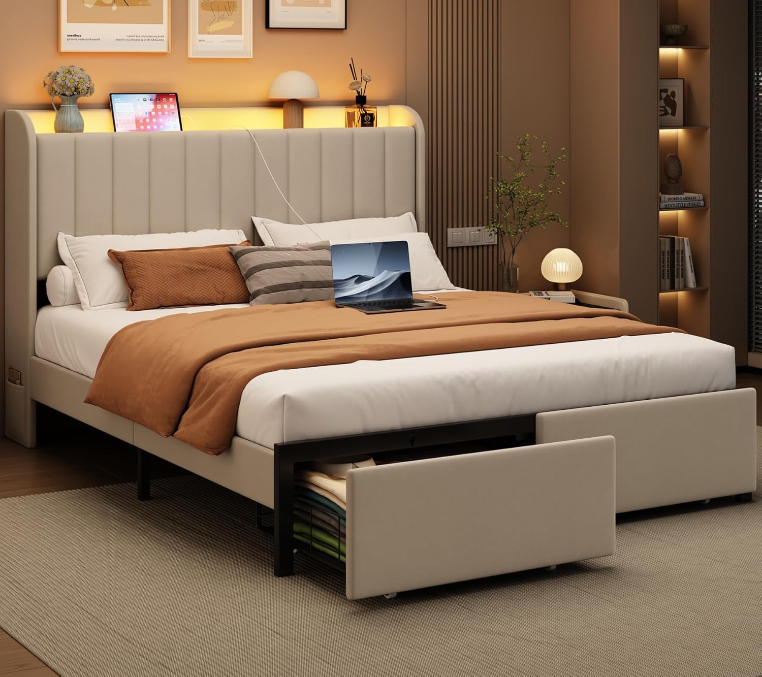 Queen Bed Frame with Storage Drawers, LED Bed Frame with Charging Station, Velvet Channel Tufted Upholstered Headboard, Wood Slats Support Noise-Free, No Box Spring Needed, Beige