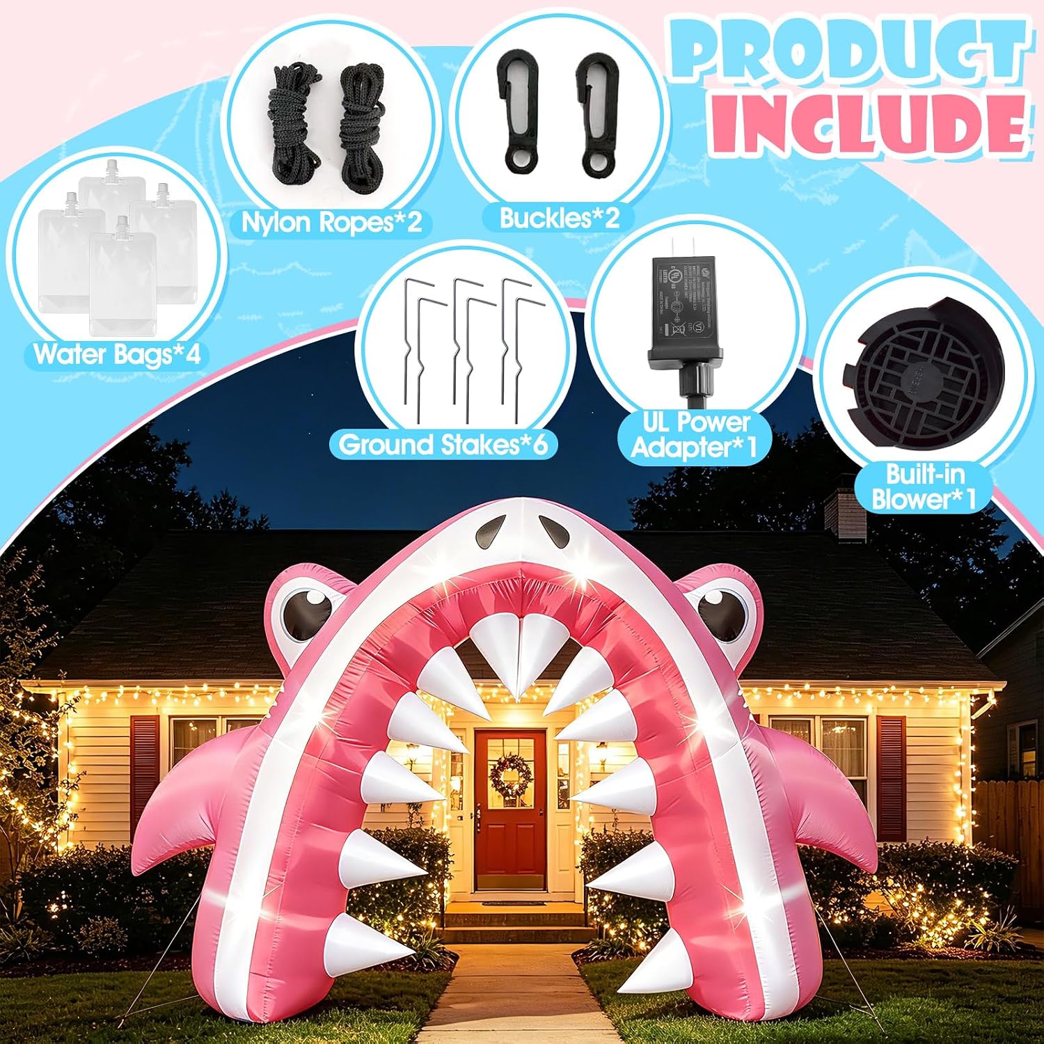 13×8 FT Pink Shark Inflatable Arch for Summer Outdoor Decor, Giant Ocean Theme Blow Up with Built-in 6 LED Lights and 1 Blower for Summer Yard Pool Stage Event Birthday Luau Beach Party Decoration