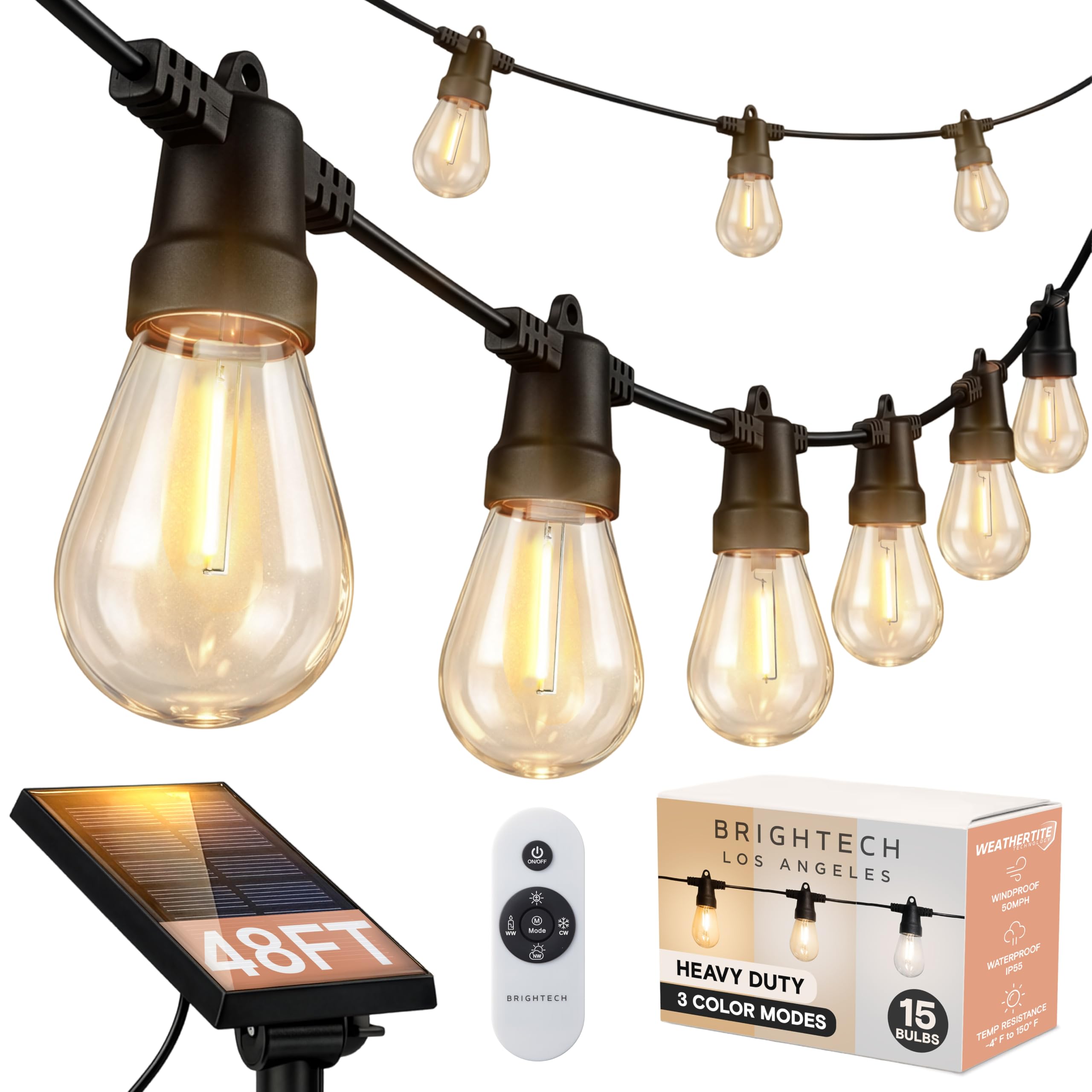 Photo 1 of Brightech 48 (42+6) FT Ambience Pro Outdoor Solar String Lights - Bright Remote Control Color Adjustable Solar Light - Commercial Grade, 15 Waterproof LED Bulbs for Patios, Camping, Yard, Outside