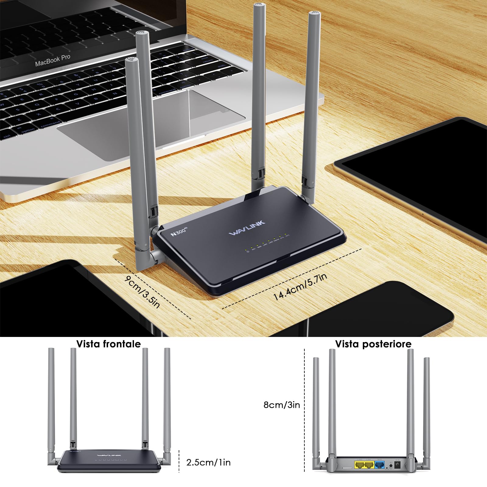 WAVLINK Router WiFi 4G LTE N300 con Chipset Qualcomm - Router Mobile Portatile ad Alta Velocità, 4 Antenne 5dBi, Supporto SIM, Ideale per Casa e Viaggi