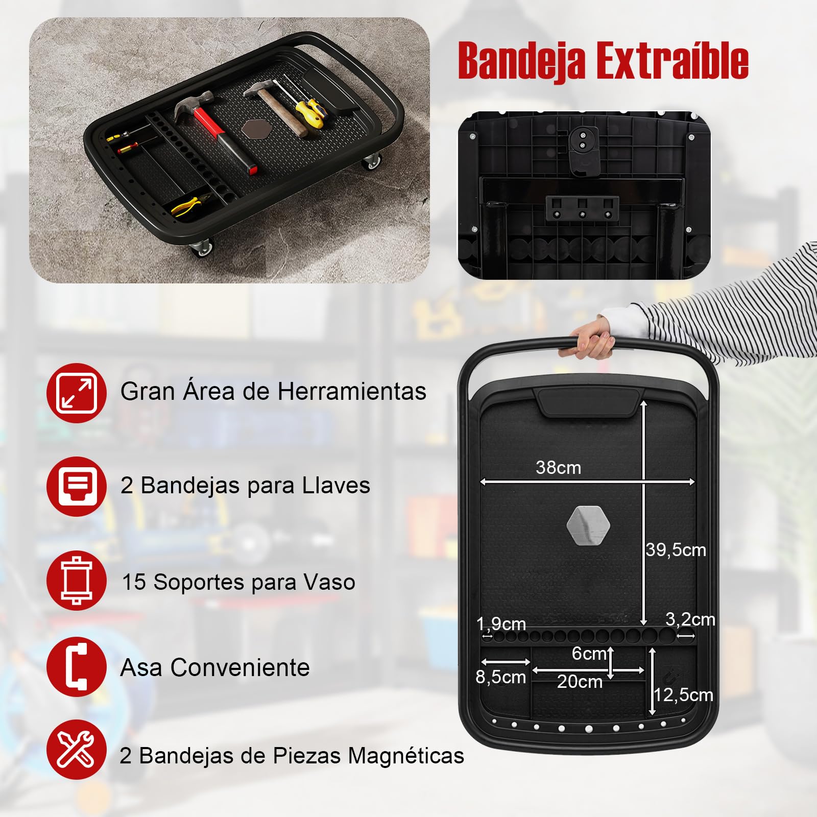 COSTWAY 2 en 1 Bandeja de Herramientas Rodante, Mesa de Trabajo Ajustable con Bandeja Desmontable, Carrito Portátil Mecánico con 4 Ruedas para Garaje, Taller de Reparación, Carga Máxima de 60 kg