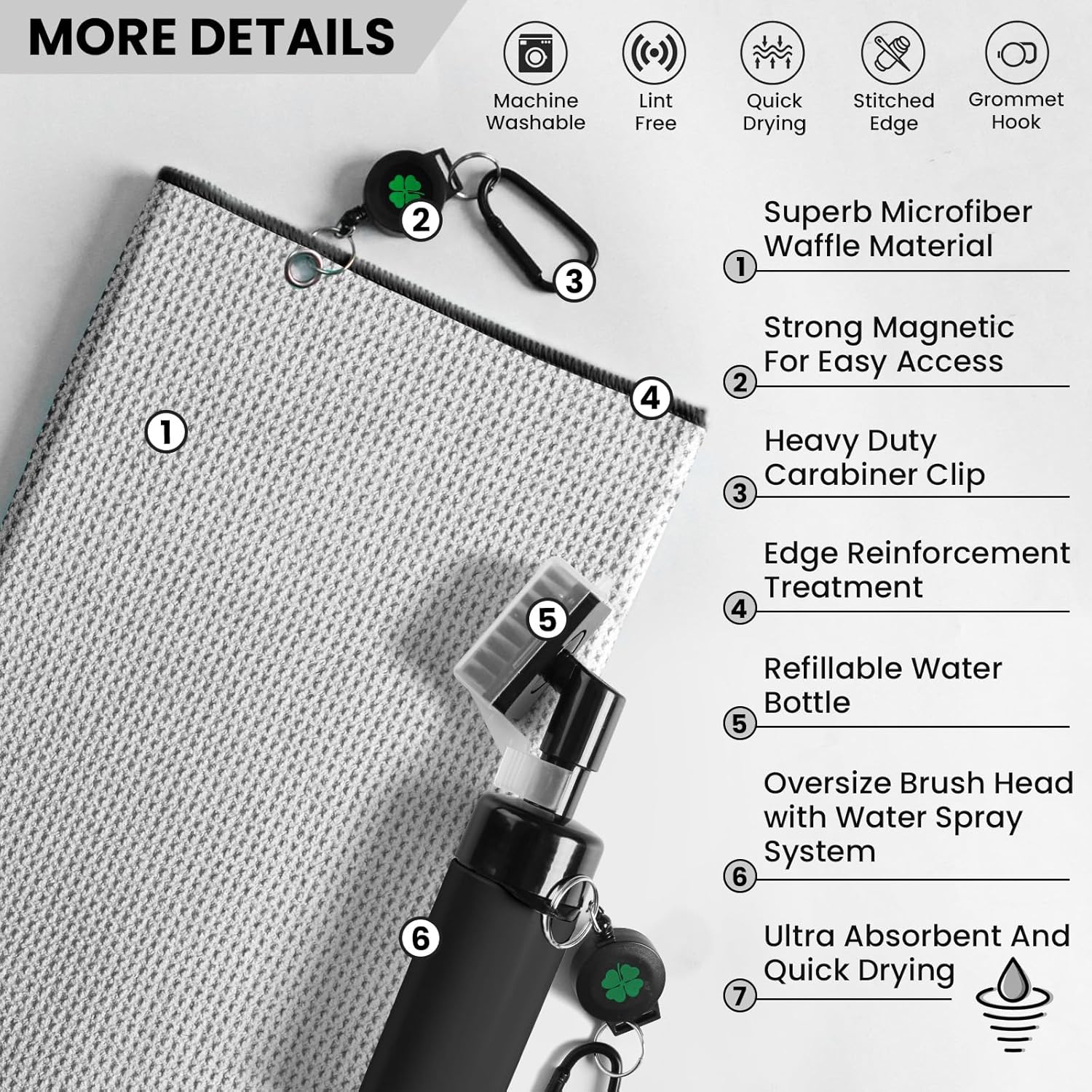 FINGER TEN Golf Club Cleaning Value Set, Strong Magnetic Retractable Carabiner Absorbent Towel Squeeze Water Brush with Divot Tool Ball Marker, Golf Bag Accessory for Iron Care Men Women