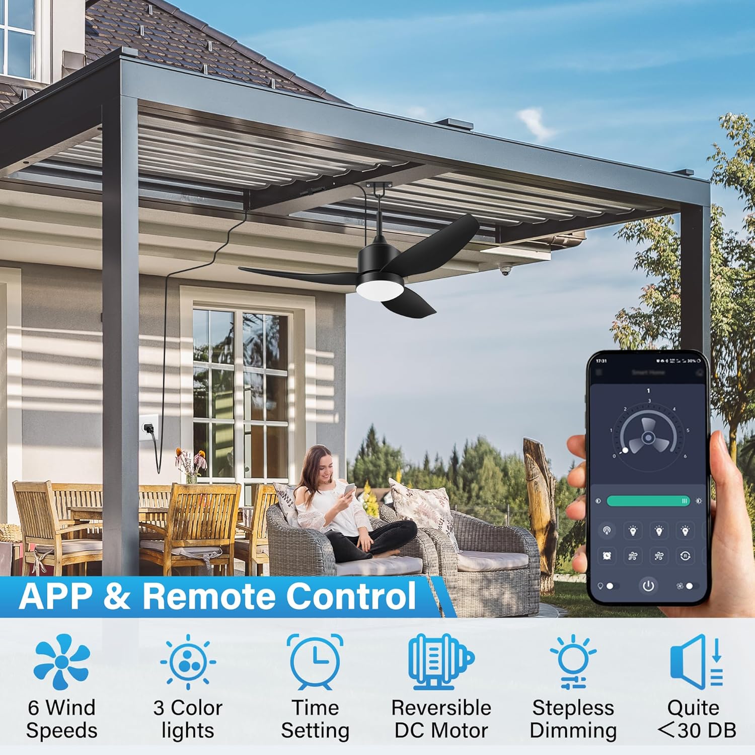 cumilo 42" Outdoor Waterproof Ceiling Fans with Lights Remote APP Control,Quiet DC Motor,Modern Plug in Ceiling Fan with 6-Speed,Dimmable LED,for Indoor Outdoor Porch Patios Gazobo,in Matte Black