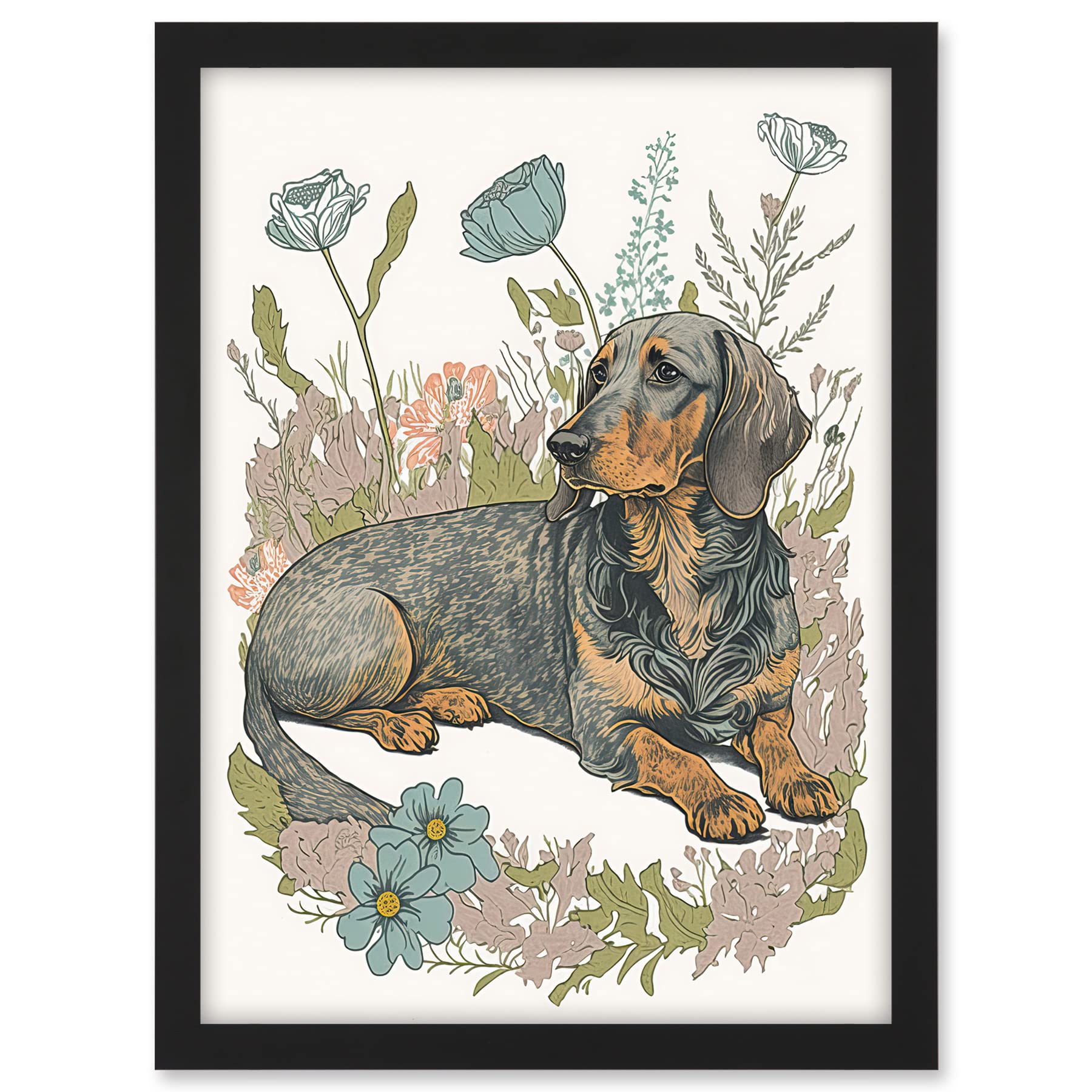 Artery8 Dachshund Dog Lying in Flower Field Pastel Watercolour Illustration Artwork Framed A3 Wall Art Print