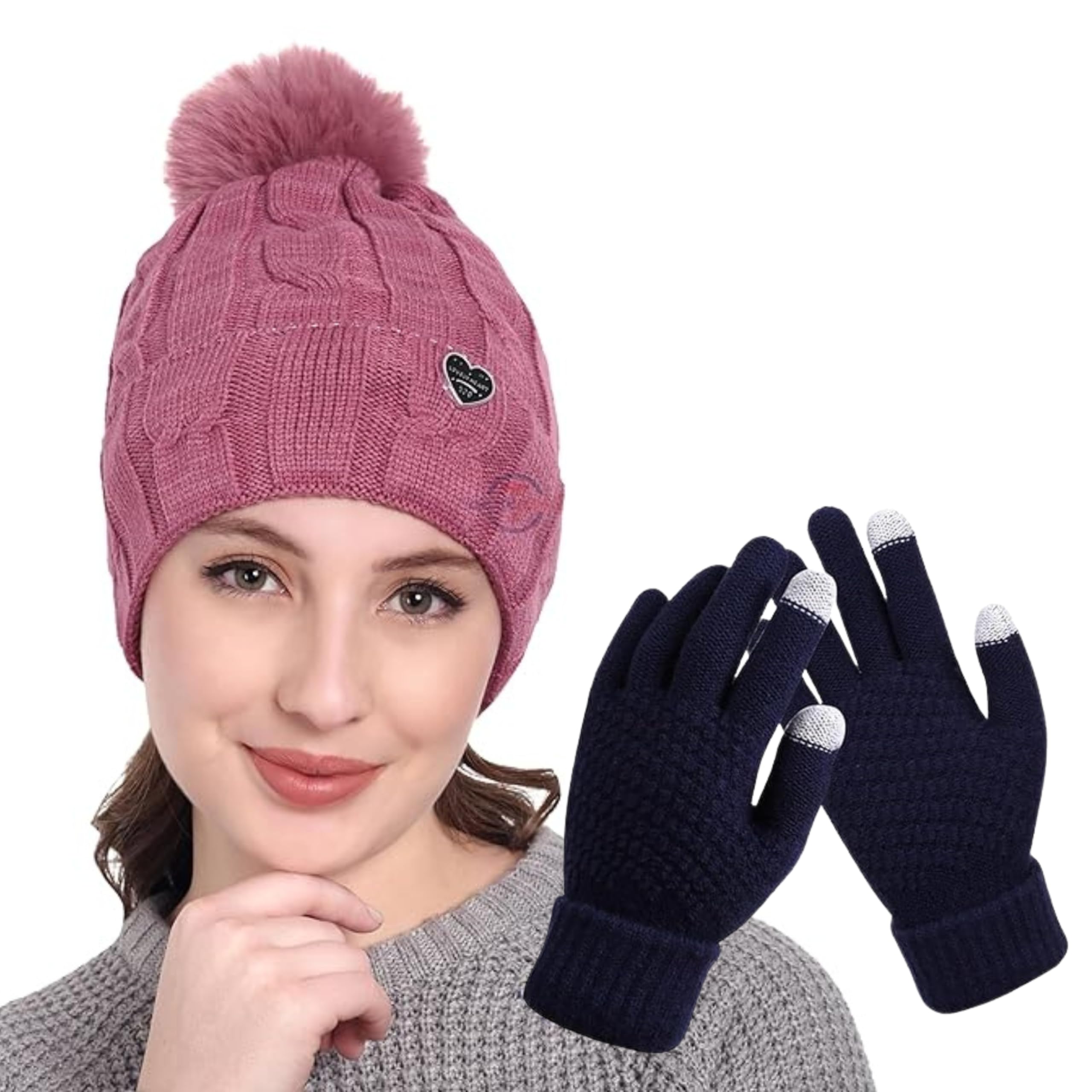 tomorrow women's winter knit beanie hat | touchscreen gloves set | warm fleece-lined pom pom cap with thermal gloves for outdoor sports, skiing, and casual wear