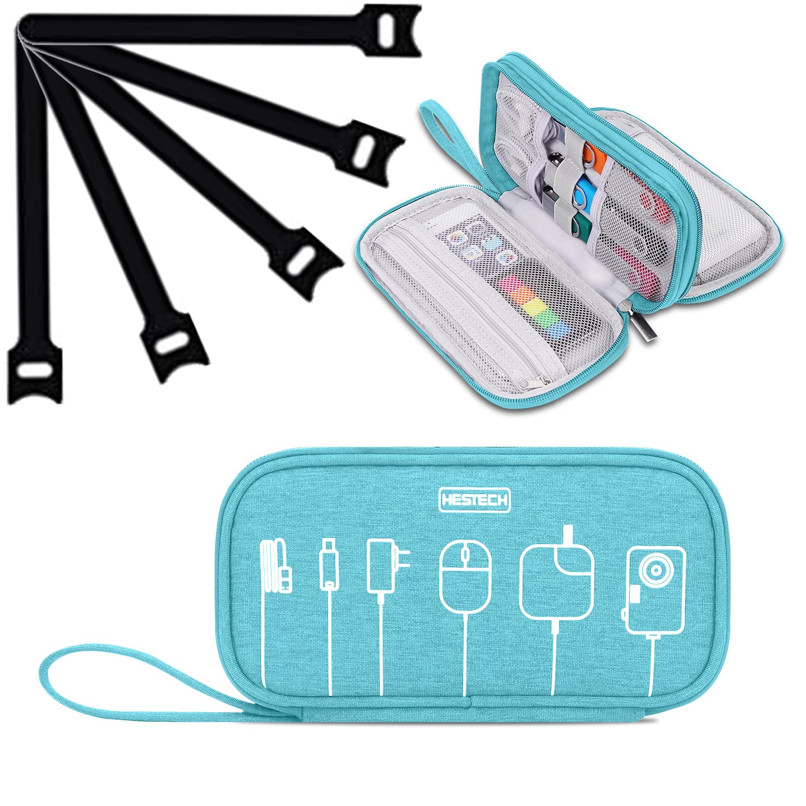HESTECHHESTECH Electronics Organizer Travel Small Tech Cord Charger Cable Organizer Case Portable Carry Handle Double Layers Pouch with 5PCS Cables Ties for iPhone Power Bank Hard Drive,Zipper Wallet