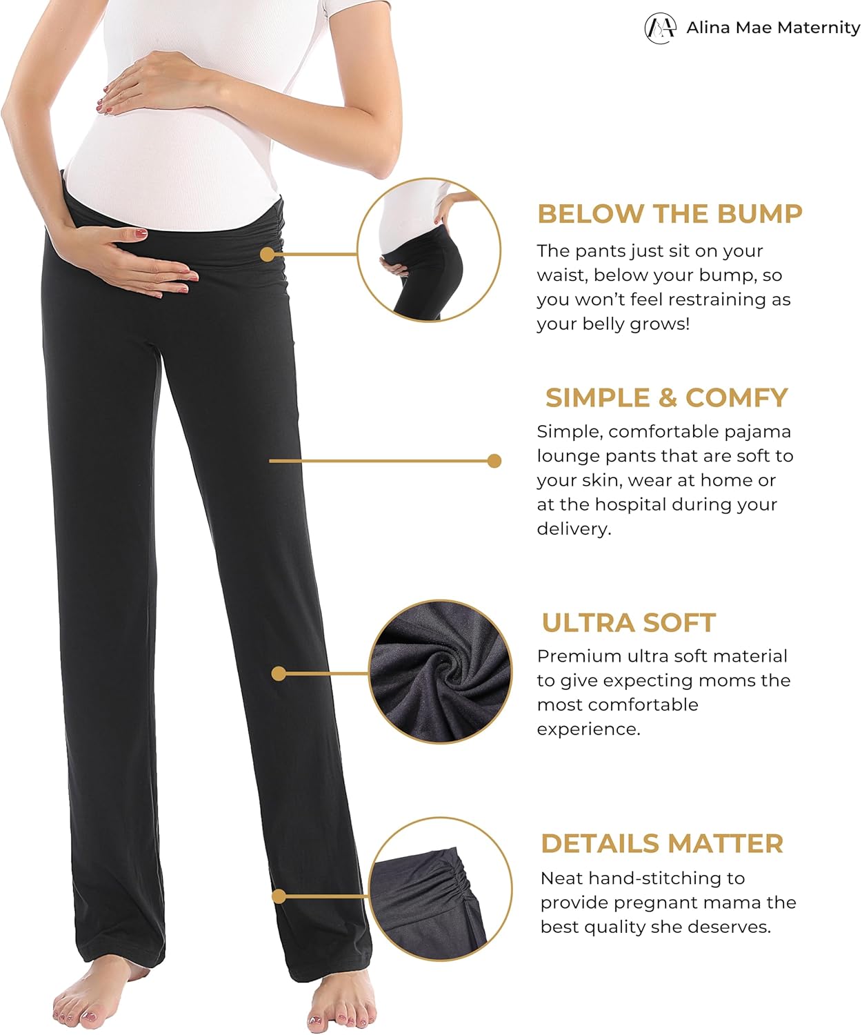 Alina Mae Maternity Women Pajama Pant Stretchy Comfy Wide Soft Palazzo Elastic Pregnancy Lounge Casual PJs