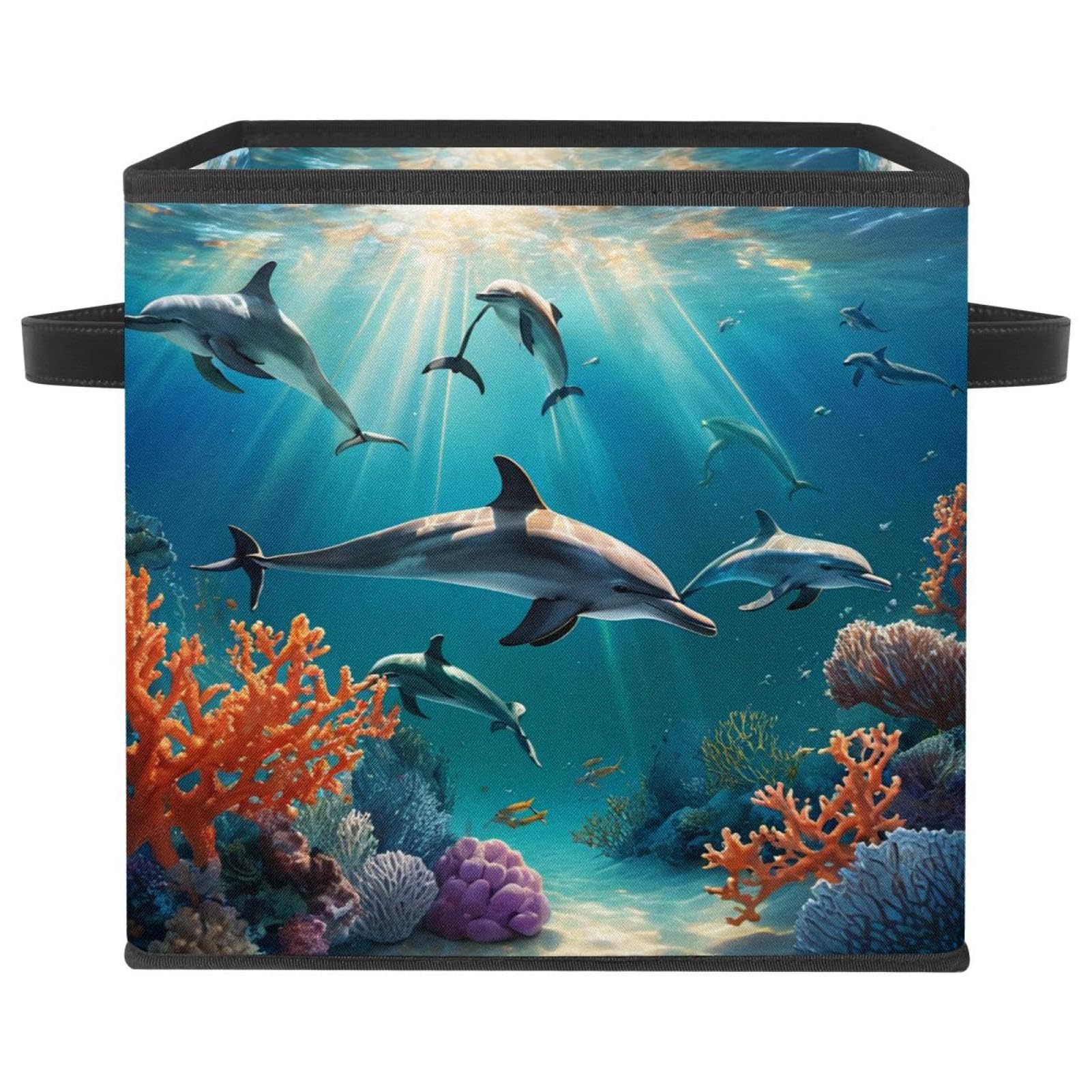 Boîte de rangement pliable dauphin avec poignées en cuir, grand cube pour l'organisation de maison