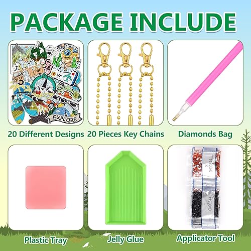 Miniatura 3 de Siifert Juego de 20 llaveros de pintura de diamante para acampar con herramientas 5D DIY colgantes de arte de diamante, bonitos llaveros colgantes