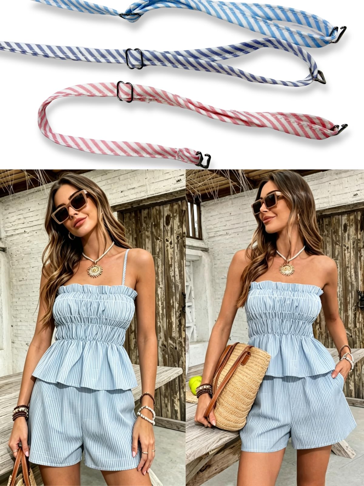 Conjunto Verano Mujer de 2 Piezas Top Tirantes y Pantalones Cortos a Rayas Elegante Camiseta Bandeau Elástico