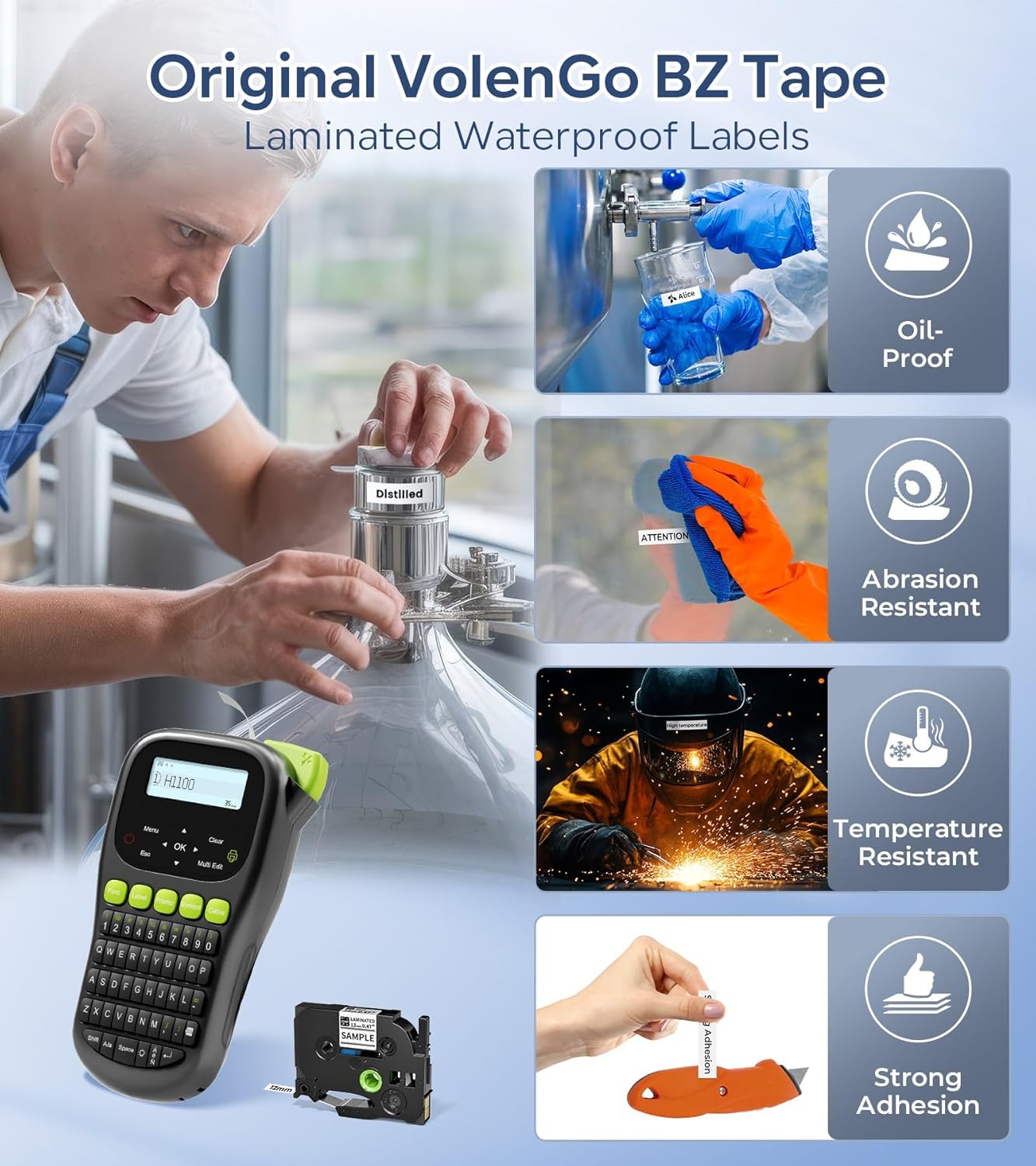 H1100 Label Maker Machine with Tapes, Wire Label Maker Waterproof-Labels, Industrial Office Organization, 6PK Classic Color Laminated Tapes, 0.47'' 12mm, White/Black/Red/Yellow/Green/Blue