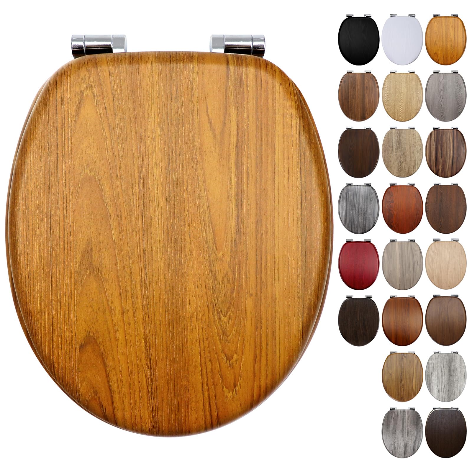 Fanmitrk Soft Close Wooden Toilet Seat Yellow Oak with Adjustable Solid Zinc Alloy Hinges, MDF Wood Oval Toilet Seat with Bottom Fixings, Easy to Clean and Install (JH7306) โ image 1