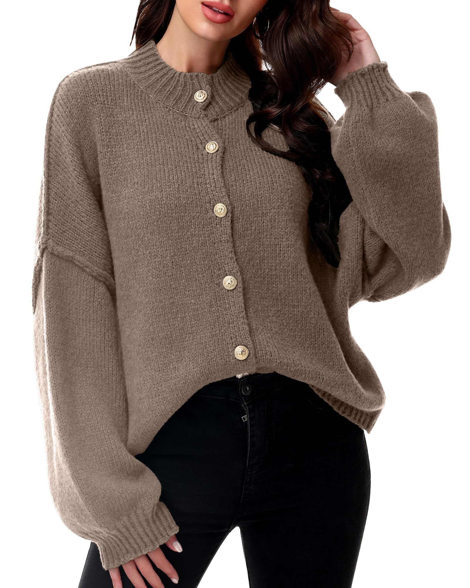 Women Chunky Knit Cardigan 2025 Fashion Casual Button Down Sweater Mock Neck Lantern Sleeve Fall Winter Outerwear