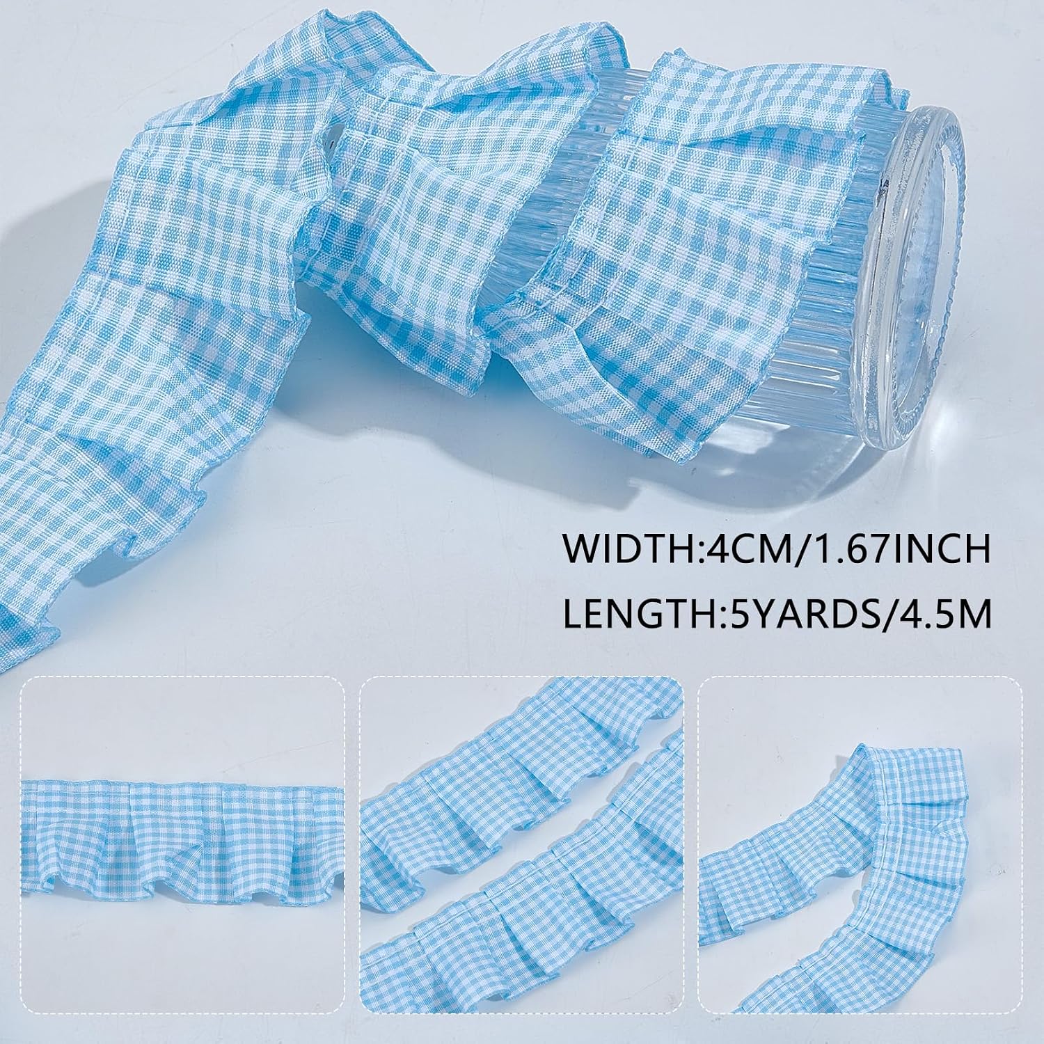 5 Yards x 1.5 Inch Gingham Ruffle Pleated Lace Trim, Blue Gathered Lace Ribbon, Vintage Ruffled Edge Polyester Ribbon for Home Decor DIY Sewing Clothes Embellishment