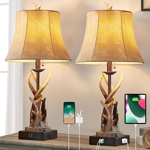 Antler Table Lamps Set of 2 with USB A+C Ports