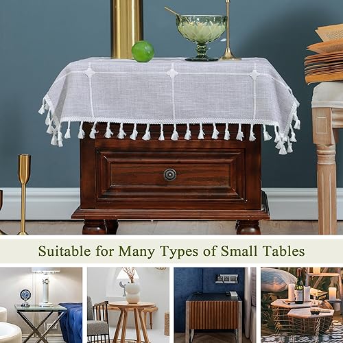 Miniatura 5 de Trczzone Mantel cuadrado pequeño con borlas, tela rústica resistente a las arrugas, resistente a las arrugas, mesa auxiliar para cocina, comedor,