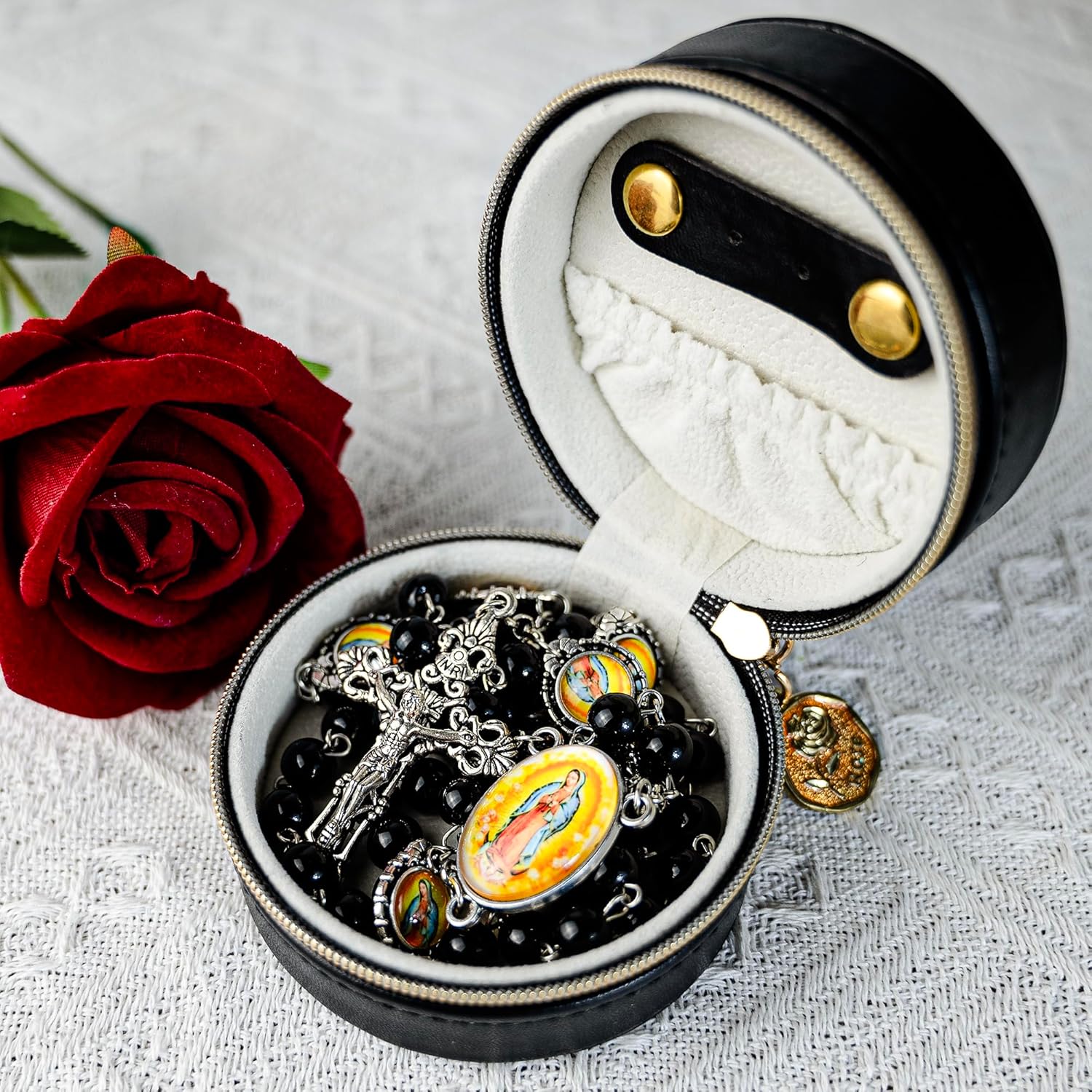 8mm Glass Pearl Catholic Rosary Necklace for Women - Our Lady of Guadalupe & Crucifix, Holy Beads with Prayer Box, Baptism & First Communion Jewelry Gift (La Rosa de Guadalupe) - Image 2