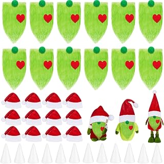 HunnmingRe 12 Set Christmas Green Gnomes Beard Sets for Crafting DIY Kit - Faux Fur Fabric Pre-Cut Beards, Foam Cone, Santa Hat, Felt Hearts, Pom Pom Balls for Holiday Crafts