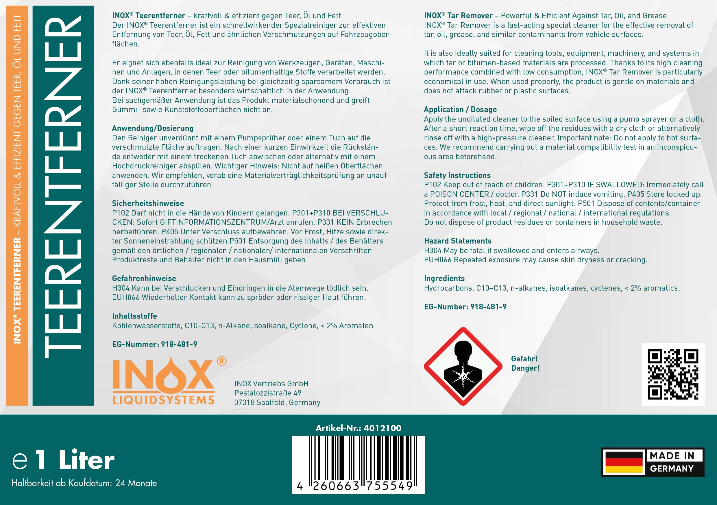 INOX® Auto Teerentferner 6 x 1L - Teerreiniger für Innenraum und Außen - Klebstoffentferner Baumharzentferner - Industriereiniger schonend zu Autolack und Chrom