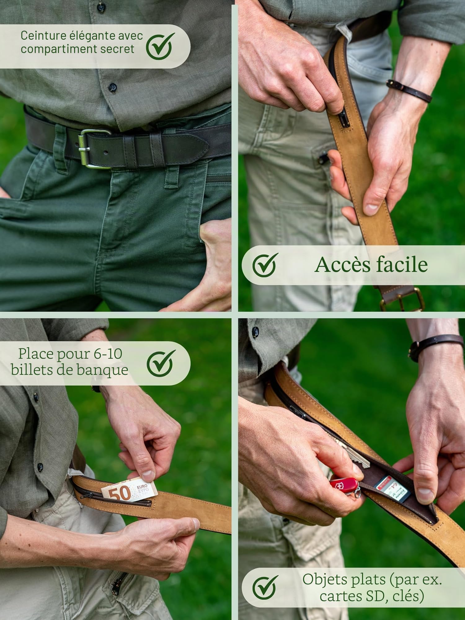 Ceinture de voyage en cuir de qualité supérieure pour homme avec compartiment secret