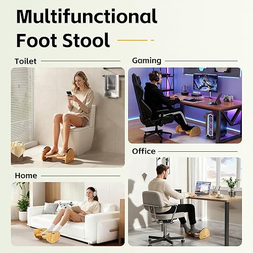 Miniatura 6 de Reposapiés ergonómico de bambú para debajo del escritorio, reposapiés mecedora reversible 2 en 1, reposapiés de oficina de 4 alturas ajustables,