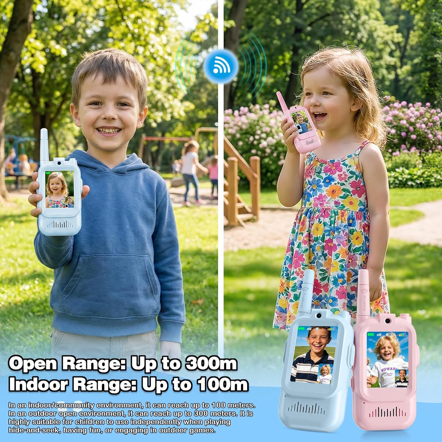Kids Video Walkie Talkies, Pair of 2 with 300M Range, Portable Handheld Video Call Toy for Ages 3-12, for Christmas, Birthday, Outdoor Camping（Blue+Pink）
