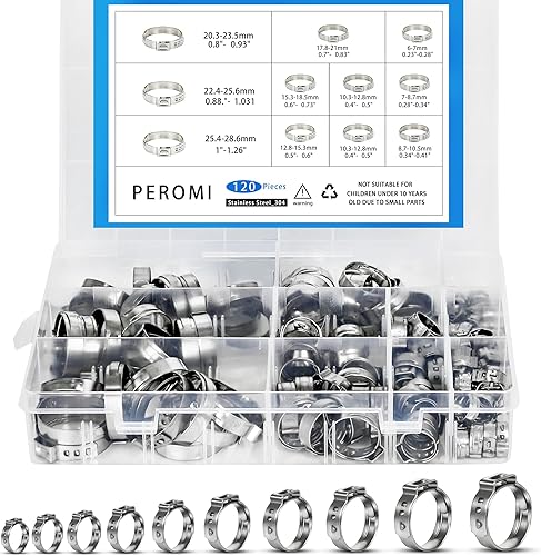 120 abrazaderas de manguera de oreja individual, 10 tamaños 0.236-1.126 in 304 Stianless acero Cinch Clamp Rings Surtido Kit para conexiones de