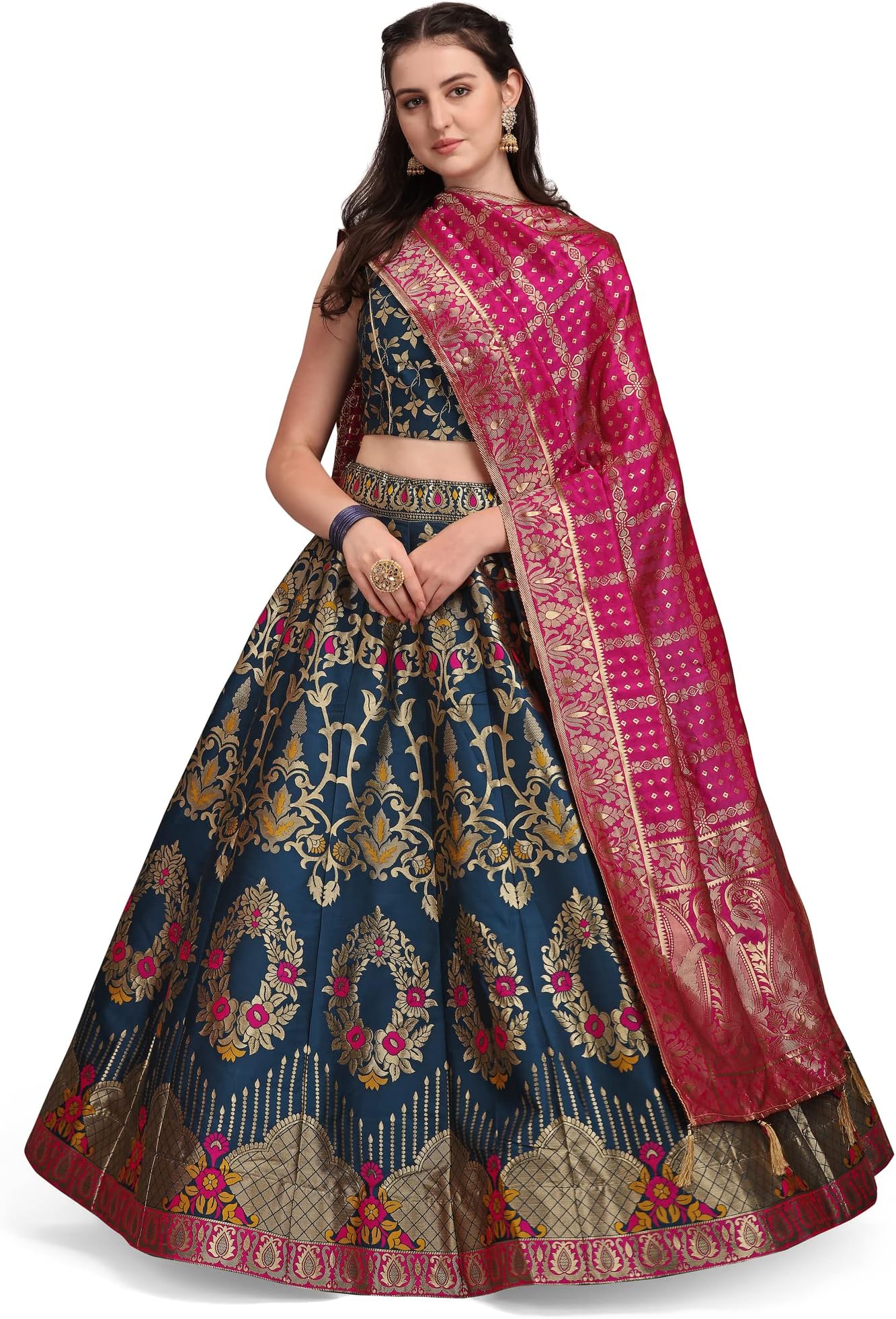 PURVAJA Women's Jacquard Semi-Stitched Lehenga choli