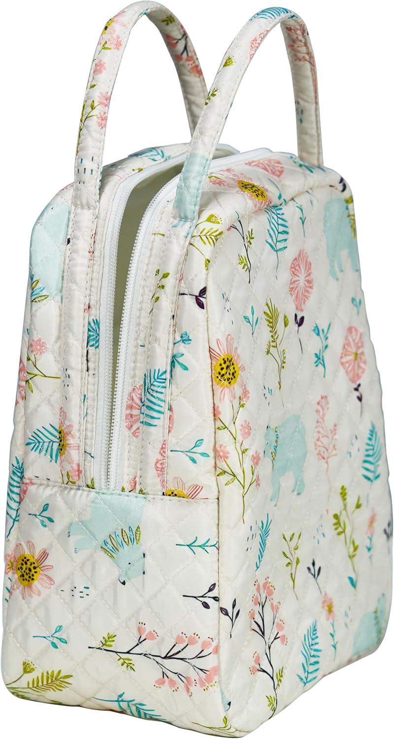 Large Quilted Fabric Cotton Reusable Inusulated Lunch Tote Bag Cooler Snack Bag Women Pretty Thermal Lunch box Storage Gift Bag for Work & Outdoor (White floral) - Image 8